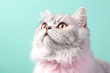 Environmental portrait photography of a curious selkirk rex cat skulking against a pastel or soft colors background. With generative AI technology