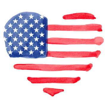 Hand draw USA flag in heart shape  watercolor  brush paint isolate on white background. Vector illustration 