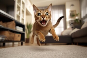 Medium shot portrait photography of a happy abyssinian cat hopping against a cozy living room background. With generative AI technology