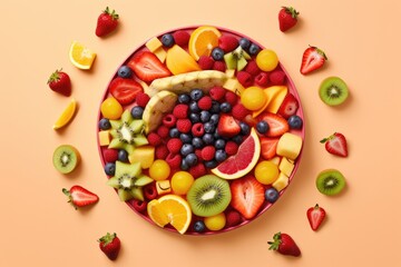 summer fruit berry salad in place on a yellow background, Generative AI