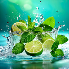 fresh lime with green leaves and splashes of water, Generative AI