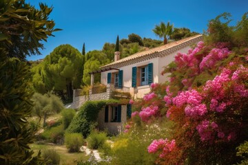 Fototapeta na wymiar mediterranean house surrounded by lush greenery and blooming flowers, created with generative ai