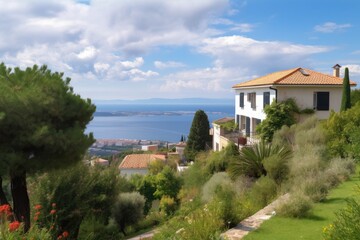 Fototapeta na wymiar mediterrean house with private garden and stunning view, created with generative ai