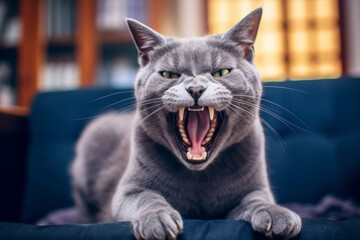 Full-length portrait photography of a smiling russian blue cat growling against a cozy living room background. With generative AI technology