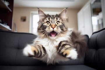Close-up portrait photography of a smiling norwegian forest cat jumping against a cozy living room background. With generative AI technology