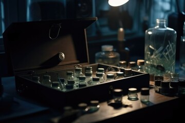 suspenseful, suspense thriller movie scene, with microscope slides and specimens playing a key role, created with generative ai