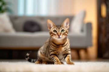 Full-length portrait photography of a smiling ocicat crouching against a cozy living room background. With generative AI technology