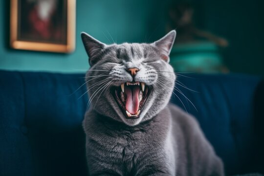 Full-length portrait photography of a smiling russian blue cat growling against a cozy living room background. With generative AI technology