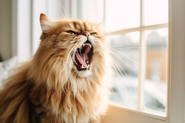 Lifestyle portrait photography of a funny persian cat murmur meowing against a bright window. With generative AI technology