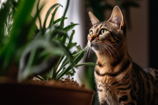 Full-length portrait photography of a curious savannah cat scratching against an indoor plant. With generative AI technology