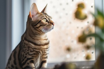 Medium shot portrait photography of a cute ocicat eating against a bright window. With generative AI technology