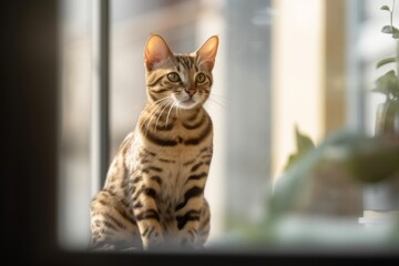 Medium shot portrait photography of a cute ocicat eating against a bright window. With generative AI technology