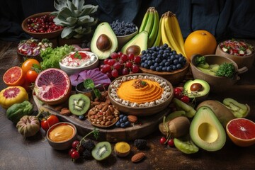 Fototapeta na wymiar beautiful arrangement of healthy and colorful plant-based foods, created with generative ai