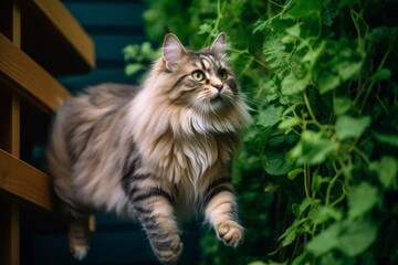 Naklejka na ściany i meble Studio portrait photography of a funny siberian cat climbing against a garden backdrop. With generative AI technology