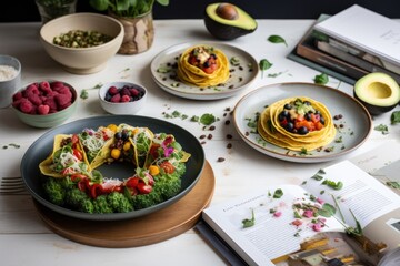 plant-based and vegan recipes book with variety of dishes, from breakfast to dessert, created with generative ai