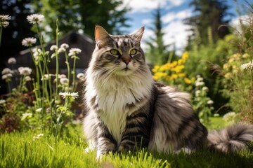Naklejka na ściany i meble Full-length portrait photography of a smiling norwegian forest cat window watching against a garden backdrop. With generative AI technology