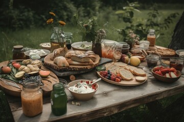 a rustic wooden table, with plates of fresh and flavorful plant-based foods for a picnic, created with generative ai