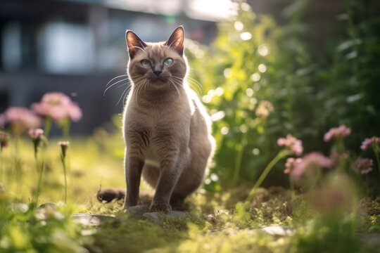 Full-length portrait photography of a smiling burmese cat paw-licking against a garden backdrop. With generative AI technology