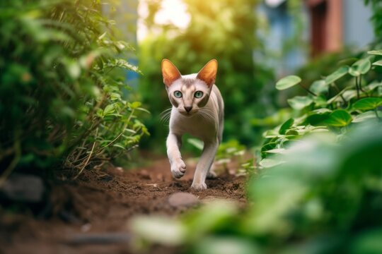 Medium shot portrait photography of a cute oriental shorthair cat hopping against a garden backdrop. With generative AI technology