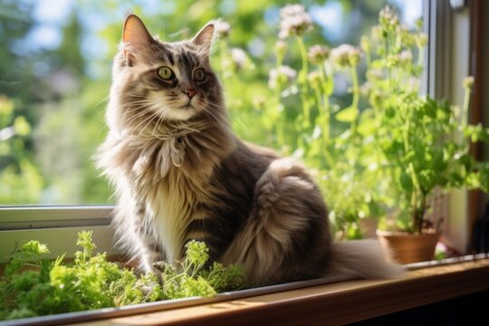 Full-length portrait photography of a smiling norwegian forest cat window watching against a garden backdrop. With generative AI technology