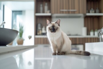 Group portrait photography of a cute balinese cat crouching against a modern kitchen setting. With generative AI technology - obrazy, fototapety, plakaty