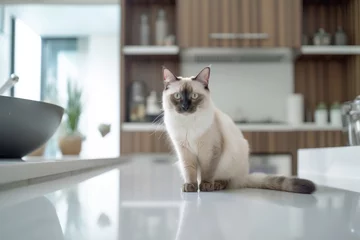 Fotobehang Group portrait photography of a cute balinese cat crouching against a modern kitchen setting. With generative AI technology © Markus Schröder