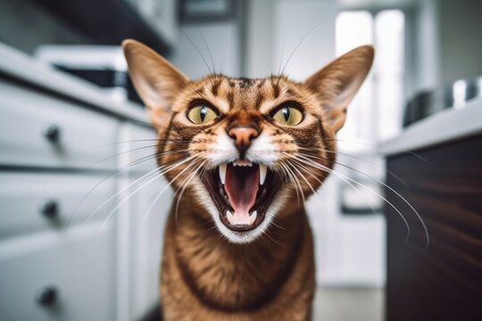 Medium shot portrait photography of a smiling abyssinian cat murmur meowing against a modern kitchen setting. With generative AI technology