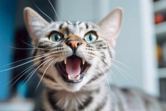 Close-up portrait photography of a curious egyptian mau cat yawning against a modern kitchen setting. With generative AI technology