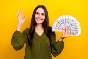 Photo of cool adorable woman dressed khaki sweater showing okey gesture rising money fan isolated yellow color background