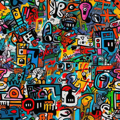 Obraz premium Funky doodles seamless repeat pattern - colorful graffiti abstract art [Generative AI] 