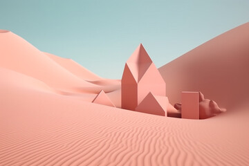 Surreal various and colorful minimalistic geometric shapes and landscape mix background with copy space. Generative AI