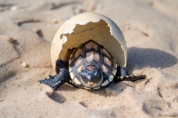 sea turtle hatchling, emerging from its eggshell and taking its first steps into the world, created with generative ai