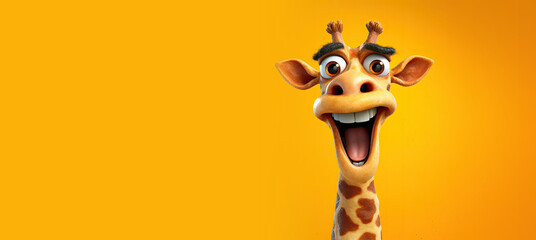 Fototapeta na wymiar Cute Cartoon Surprised Giraffe on a Yellow Background with Space for Copy. Generative AI