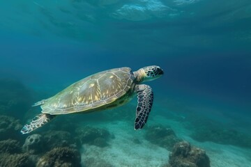 sea turtle swimming underwater, with its graceful movement and flippers in full view, created with generative ai