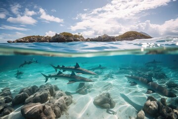 Fototapeta premium shark and ray swimming among schools of fish in crystal clear waters, created with generative ai
