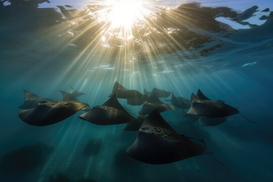 school of rays swimming together, their graceful movements in synch, created with generative ai