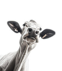 Cow looking down on the camera or viewer on white background. Generative Ai.
