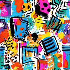 Funky doodles seamless repeat pattern - colorful graffiti abstract art [Generative AI]
