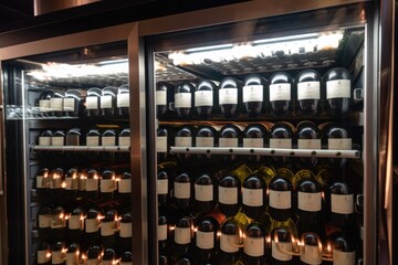temperature-controlled holding cabinet filled with bottles of wine, created with generative ai