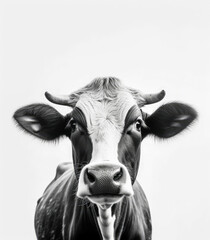 Naklejka premium Cow with black and white fur, looking at the camera, cow on white background, cattle minimalism. Generative Ai.