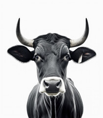 Naklejka premium Cow with black and white fur, looking at the camera, cow on white background, cattle minimalism. Generative Ai.