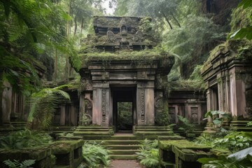 ancient temple, with intricate carvings and stone statues, surrounded by jungle greenery, created with generative ai