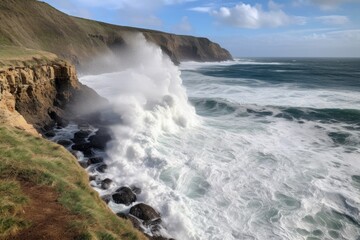 Fototapeta na wymiar coastal cliff view with crashing waves and foam on the shore, created with generative ai
