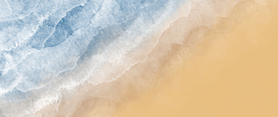 Tropical sea with waves and beach. Vector travel watercolor illustrations with sea beach for cover design, card, flyer, poster, banner and invitation card. Hand drawn summer background. Holiday. Waves