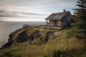 Fototapeta na wymiar rustic cabin perched on the edge of a cliff, with sweeping views of pristine coastline, created with generative ai