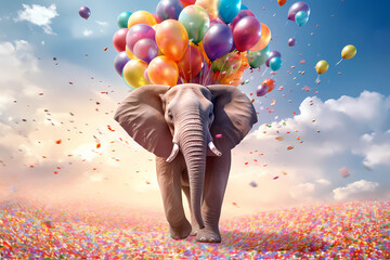 Elephant with colorful balloons. Generative AI - 611056761