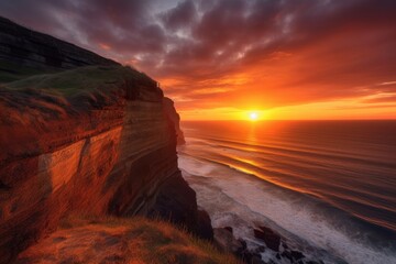 coastal cliff with view of the sun setting over the ocean, creating a fiery sky, created with generative ai
