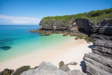 pristine beach with clear blue waters and coastal cliff views, created with generative ai