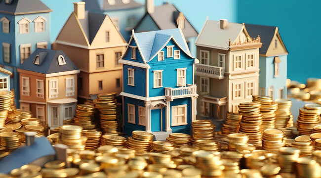 Houses with gold coins. Generative AI