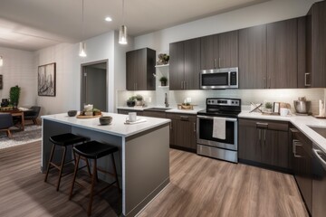 modern kitchen with energy-efficient appliances, sleek countertops, and open floor plan, created with generative ai